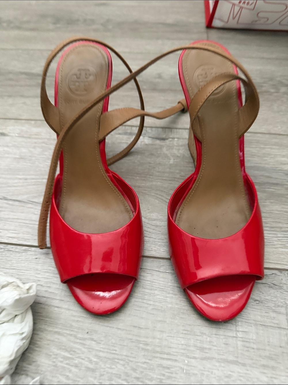 Tory Burch Red Patent Leather Open-Toe Slingbacks with Tan Straps